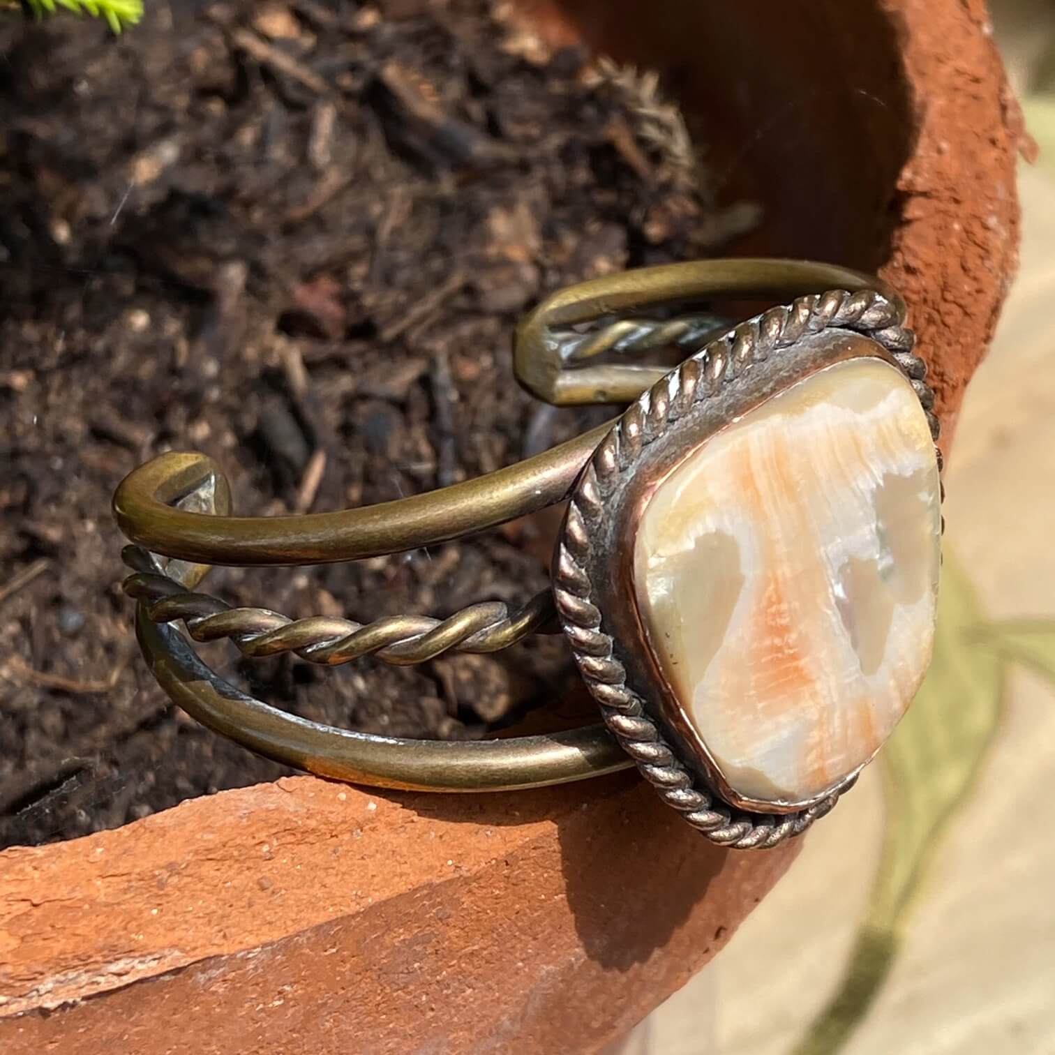 Vintage Navajo Brass Copper Cuff Bracelet Mother of Pearl