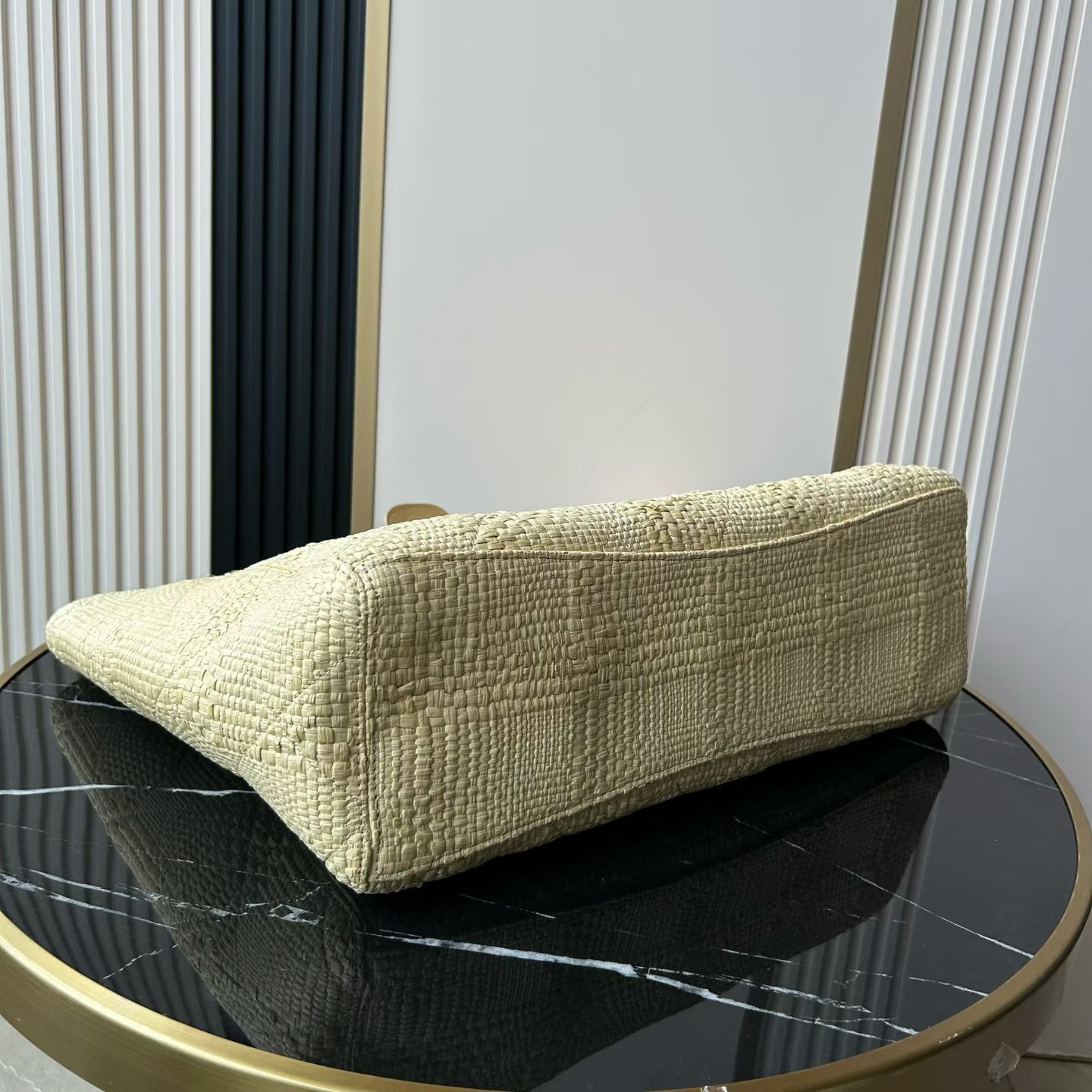 25C Light Yellow Woven Straw Large Tote Handbag with Calfskin Trim and Gold-Tone Hardware - Mocuir