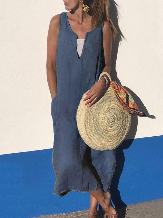 Sleeveless V Neck Shift Casual Dress