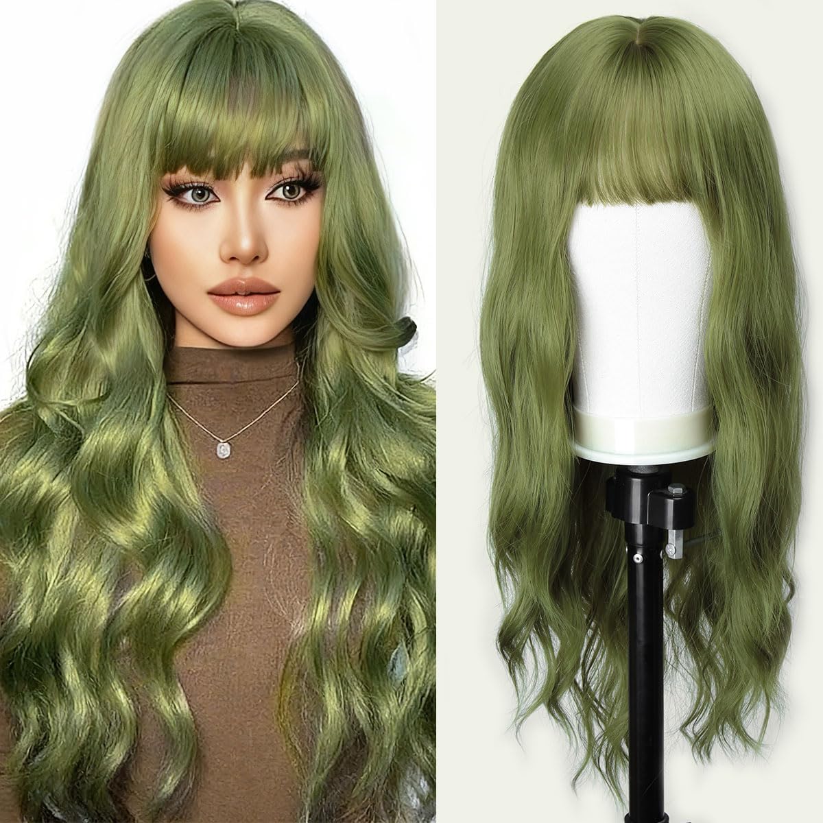 Matcha Green Wig with Bangs 26 Inch Long Curly Wavy Wigs for Women Begineer-friendly Synthetic Wig for Daily Party Holiday Use