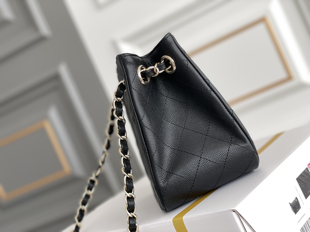 23P Mini Bucket Tote Bag in Black Quilted Grained Calfskin (Caviar) with Silver-Tone Hardware (Model AS3176) - Mocuir