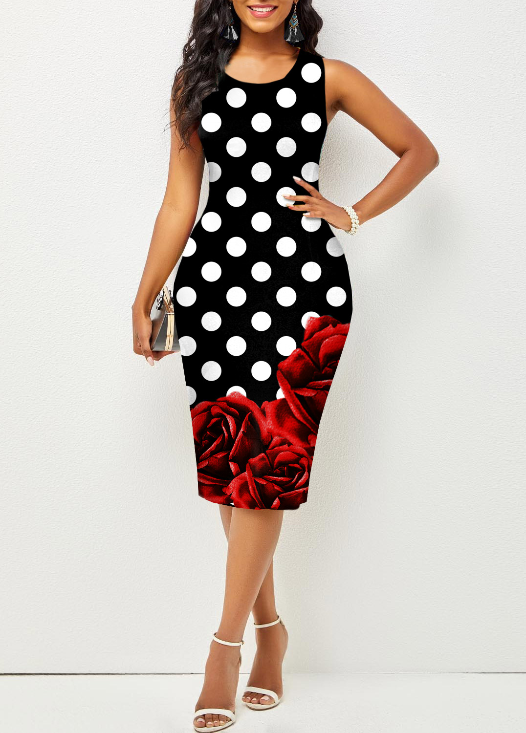 Polka Dot Sleeveless Round Neck Bodycon Dress