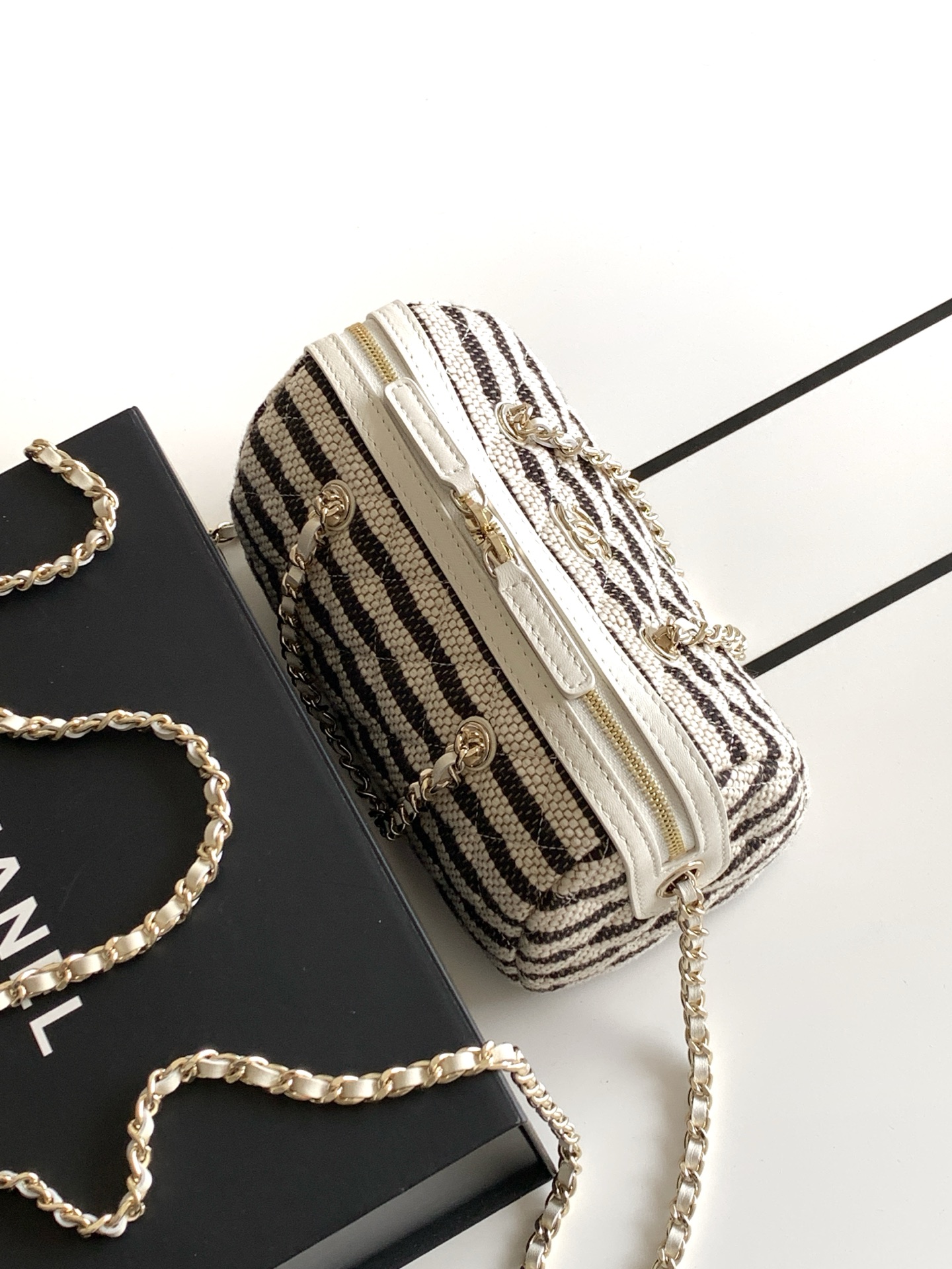 Deauville Striped Quilted Box Bag Vanity Case in Black with Light Gold-Tone Hardware - Mocuir