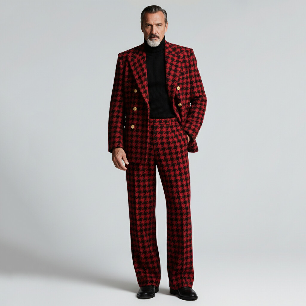 Men's Business Red Houndstooth Pattern Mid Rise Slant Pocket Straight Suit Pants