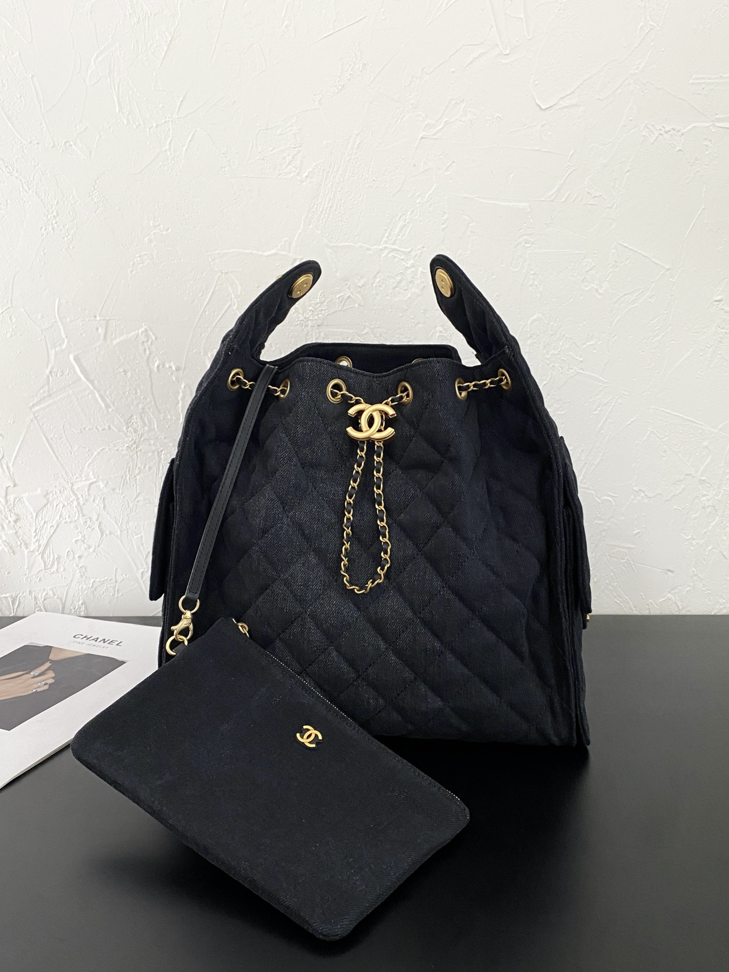 25C Small Hobo Bag in Black Washed Denim with Antique Gold Hardware (Model AS5293) - Mocuir