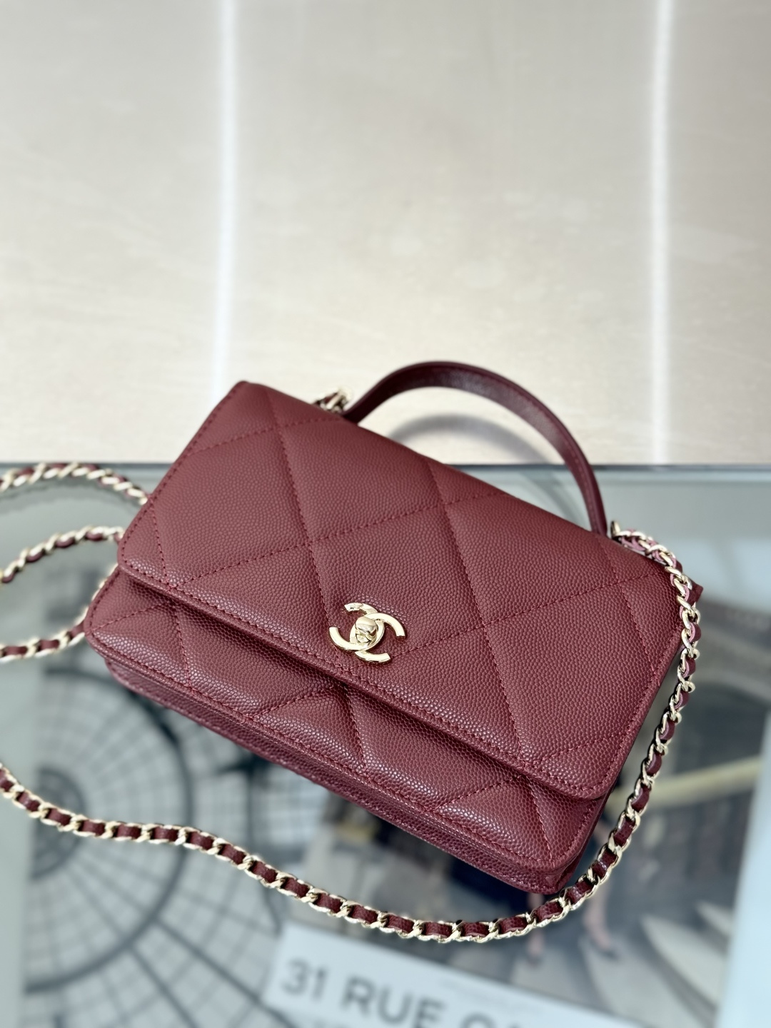 Classic Wallet On Chain with Top Handle（Burgundy） - Mocuir