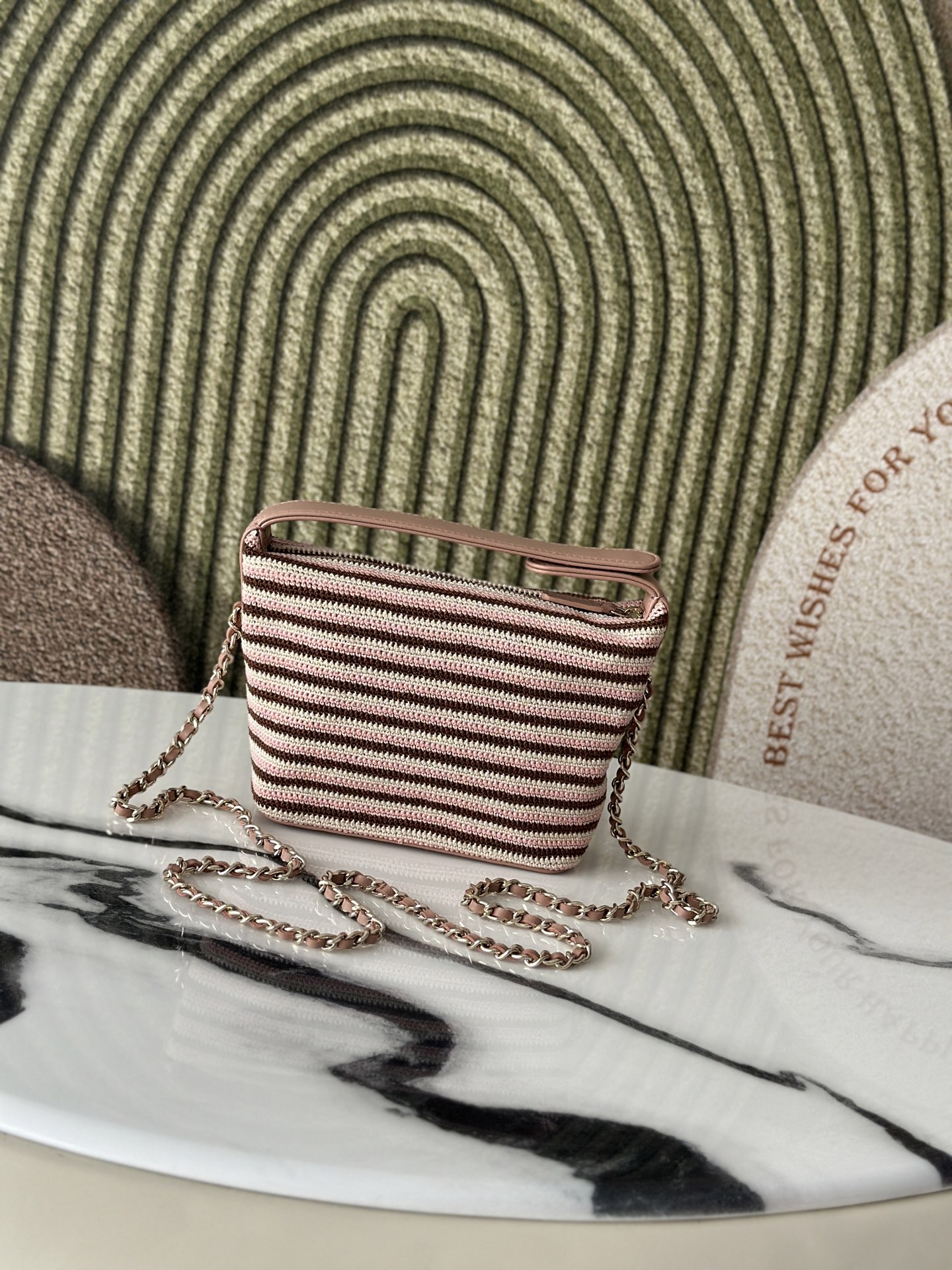 26P Cruise Mini Hobo Pouch with Chain in Pink/Brown/White Striped Crochet and Lambskin with Light Gold-Tone Hardware - Mocuir