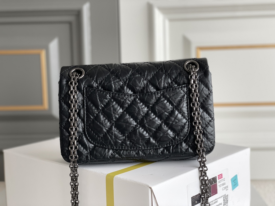 2.55 Reissue 225 Flap Bag in Black Aged Calfskin with Ruthenium Hardware (Model A01112) - Mocuir