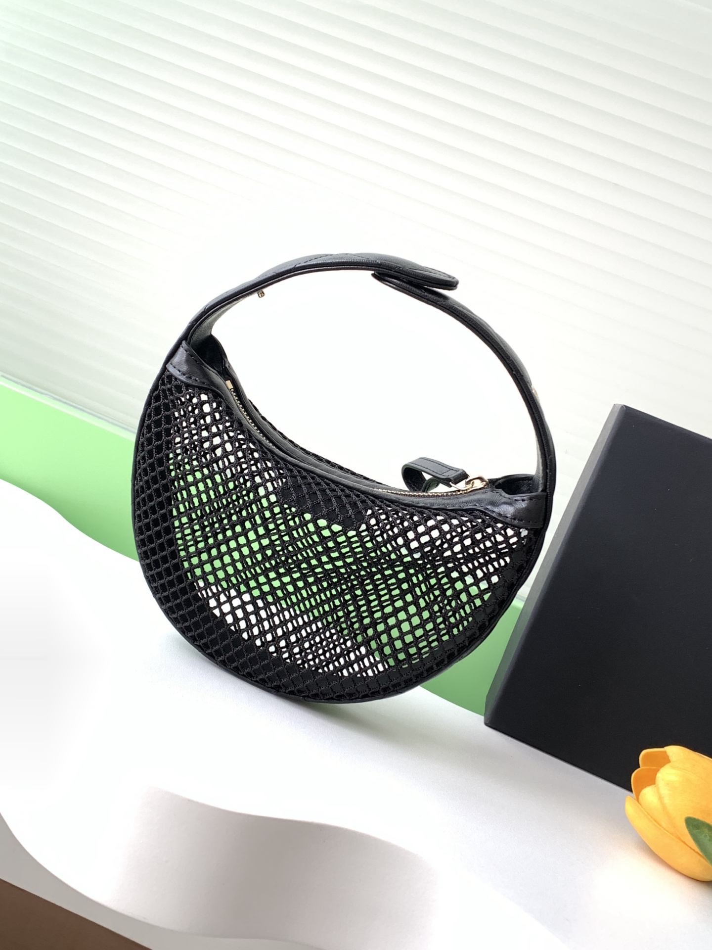 25C Small Mesh Hobo Bag (AS4921) in Black Knit Mesh with Lambskin Trim & Light Gold-Tone Hardware - Mocuir