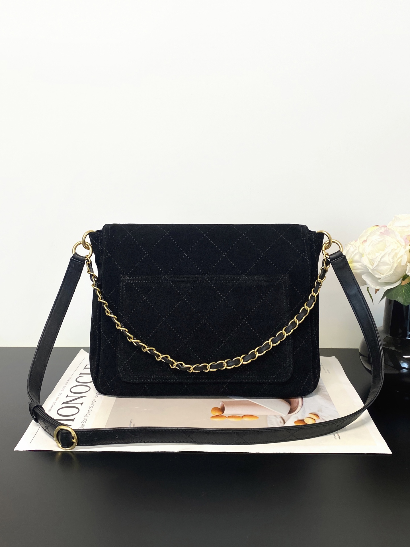 26C Hobo Flap Bag in Black Suede Calfskin with Gold Hardware (Model AS5886) - Mocuir