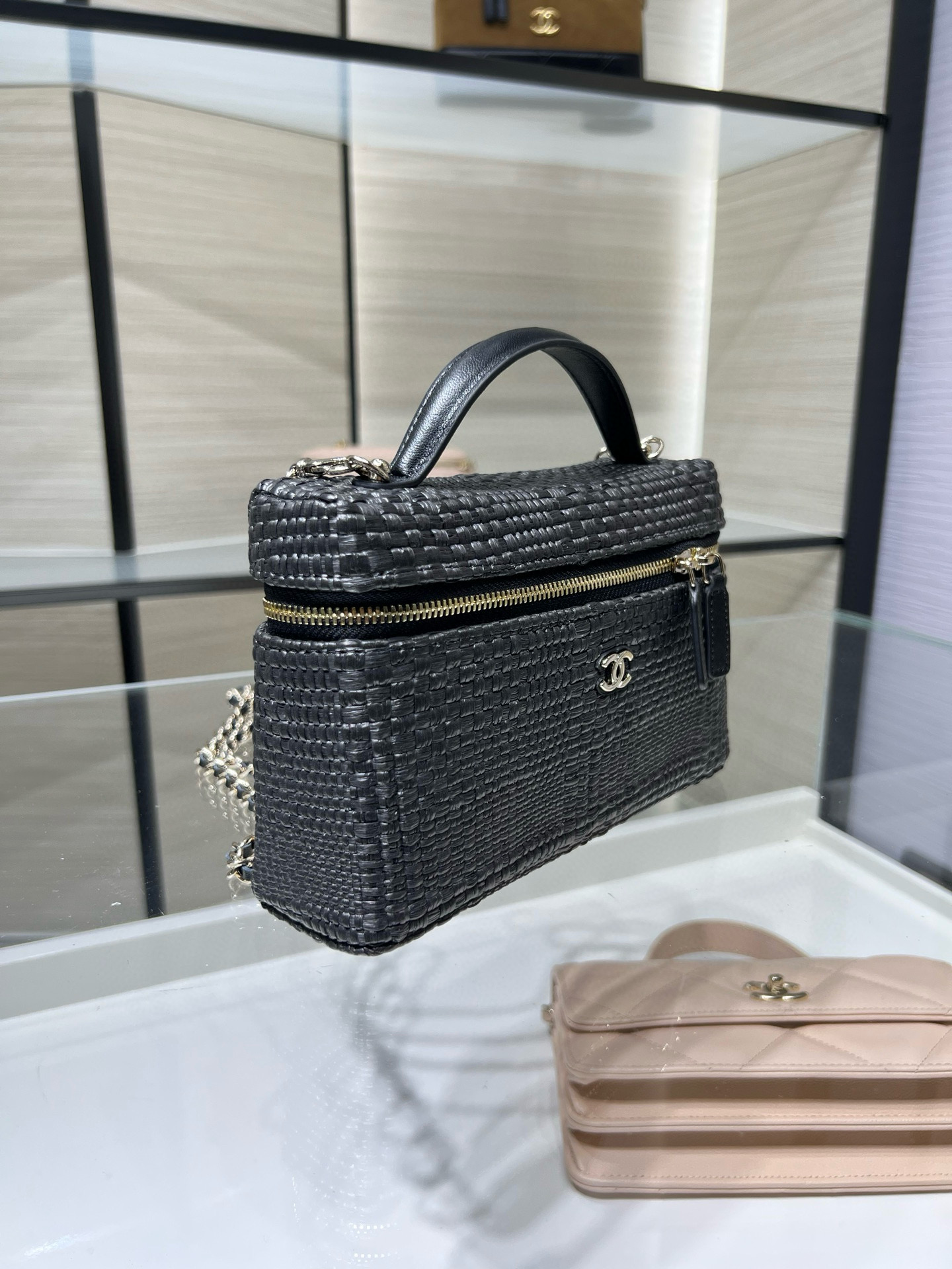 26P Pre-Collection AP4385 Long Vanity Case (LP Style Bag) in Black Braided Quilted Grained Calfskin (Caviar) with Antique Gold-Tone Hardware - Mocuir
