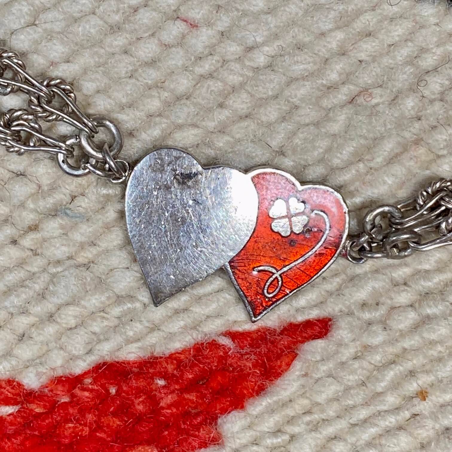 Old 1920 Sterling Silver Red Enamel Sweetheart Bracelet