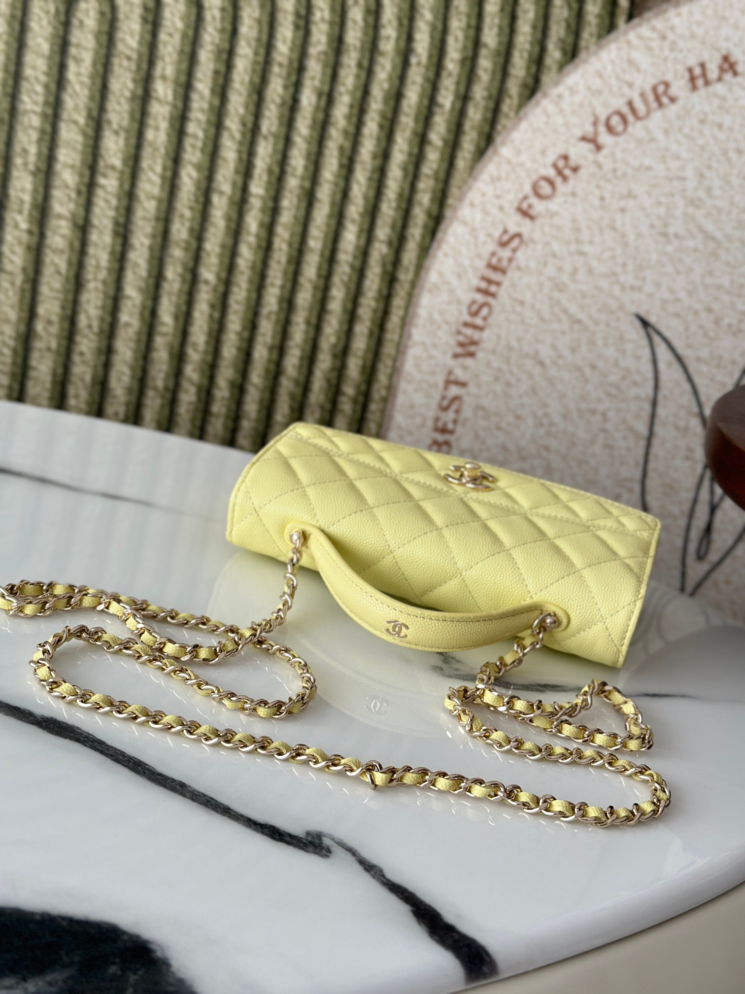 Classic Flap Mini Bag with Top Handle in Lemon Yellow Caviar Leather with Light Gold Hardware (Model AP3341) - Mocuir