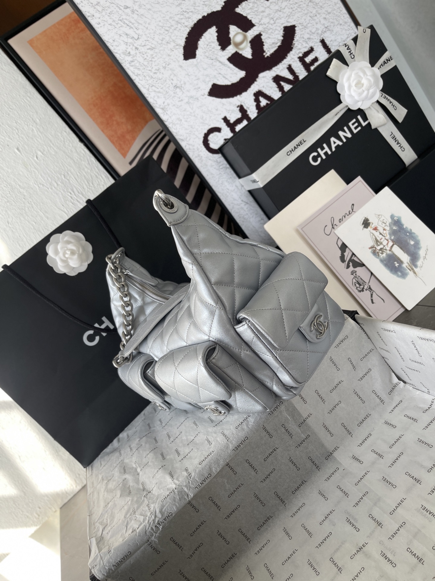 25C Multi-Pocket Hobo Bag in Metallic Silver Quilted Lambskin with Silver-Tone Hardware - Mocuir