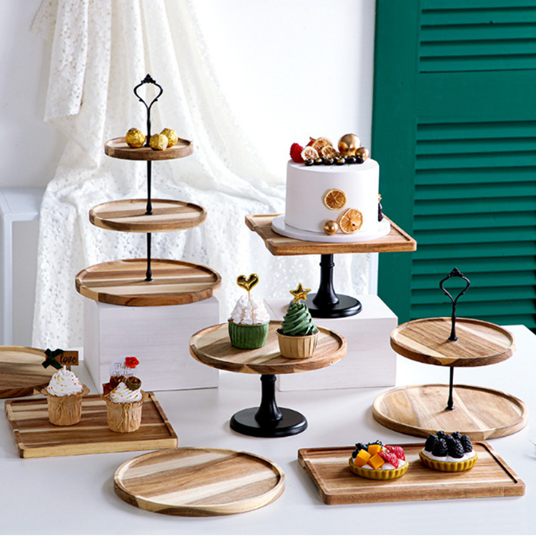 Wooden Dessert Table Ornaments Display Shelf Cold Meal Tea Break Table Tableware High Foot Cake Fruit Plate Solid Wood Tray