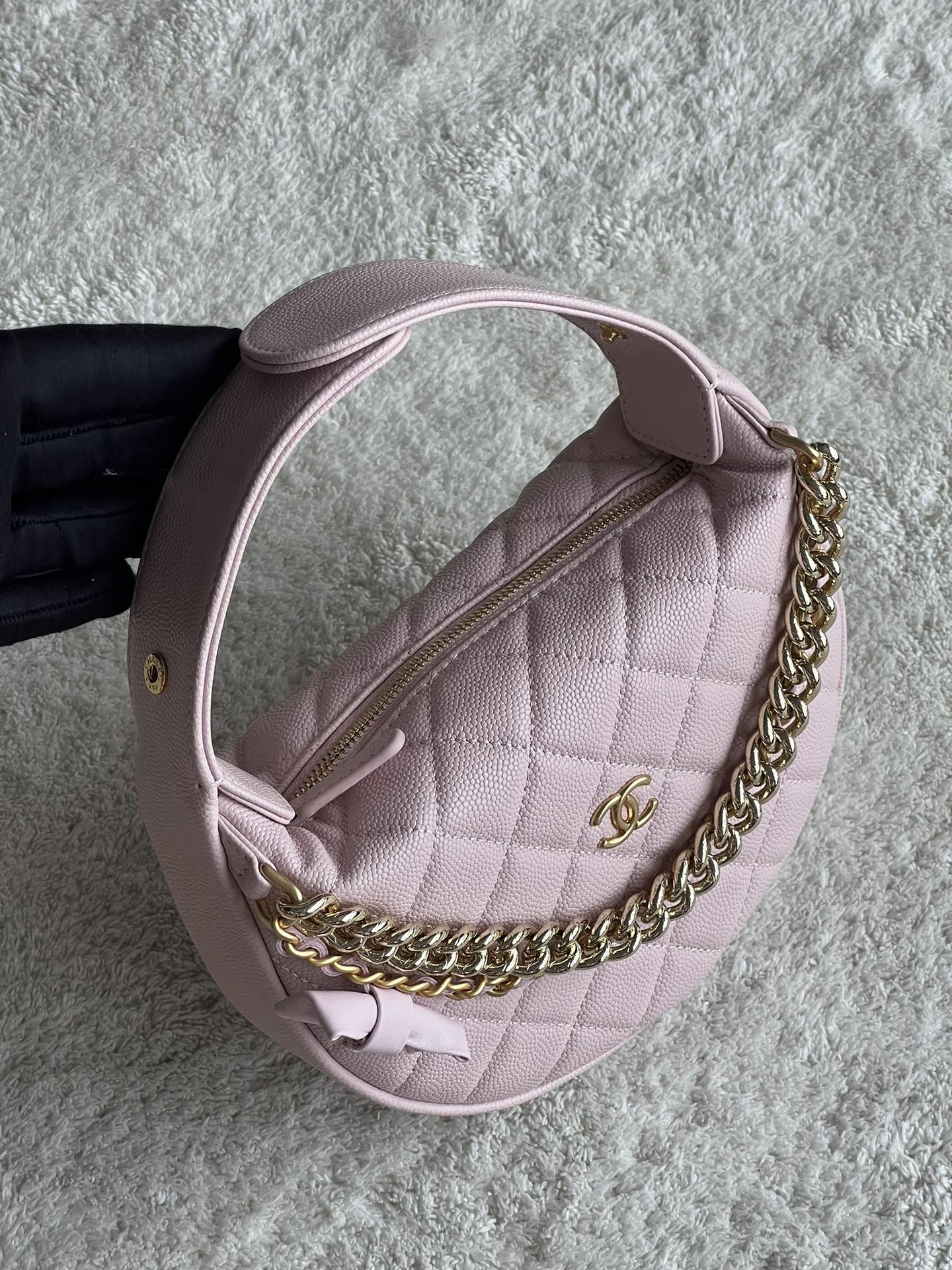 24S Half Moon Hula Hoop Bag in Pink Quilted Caviar Leather with Light Gold-Tone Hardware and Bow Detail - Mocuir