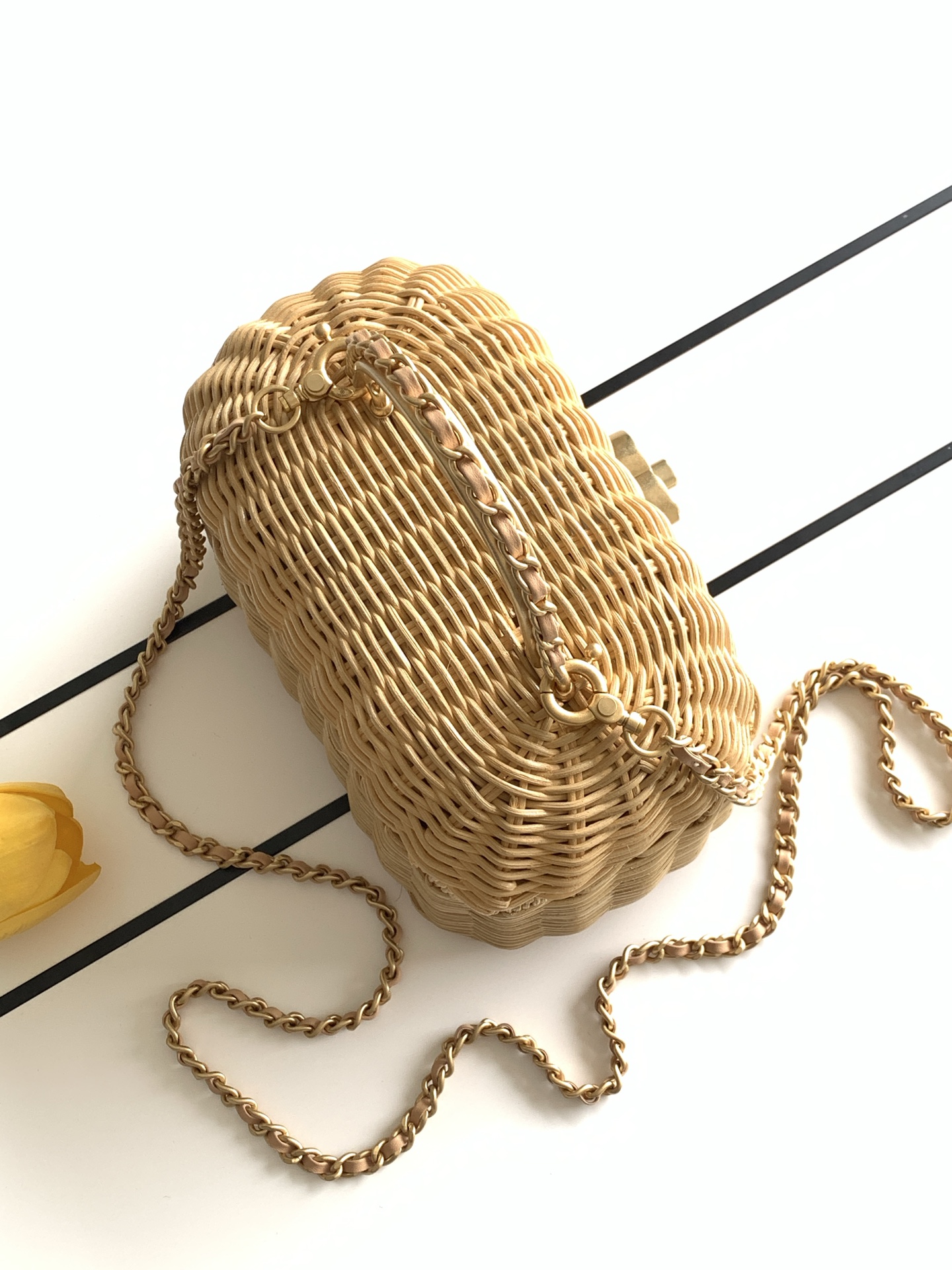 Wicker Vanity Case with Chain (AS4680) in Natural Wicker & Calfskin with Gold-Tone Hardware, 26C Cruise Collection - Mocuir