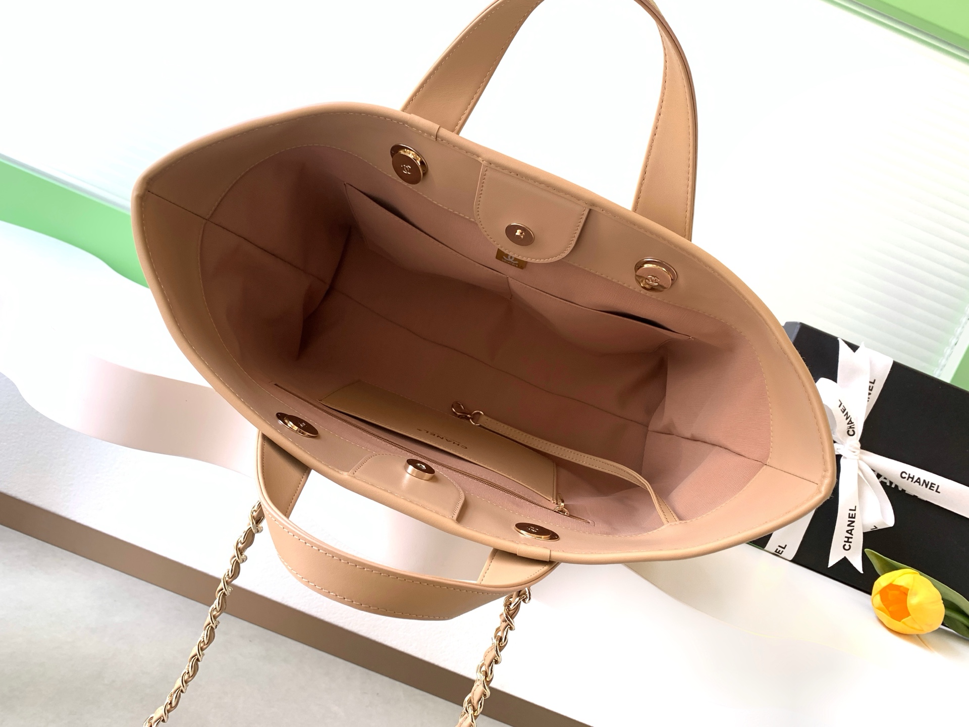 Deauville Large Striped Canvas Tote Bag in Caramel with Gold-Tone Hardware - Mocuir