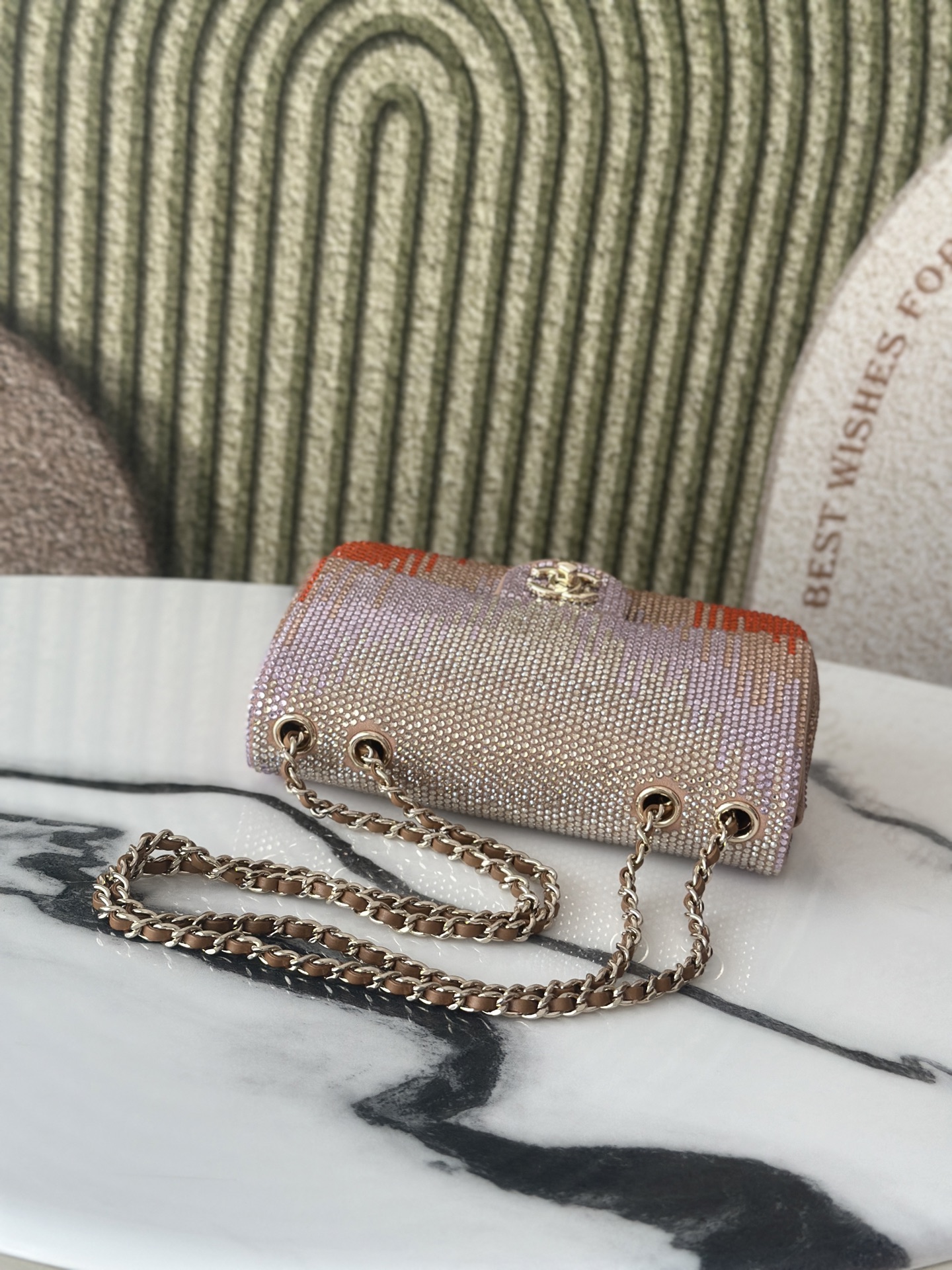 Classic Flap Mini Bag in Nude Plaid Strass Crystal Embellished Suede (Gold Hardware) - Mocuir