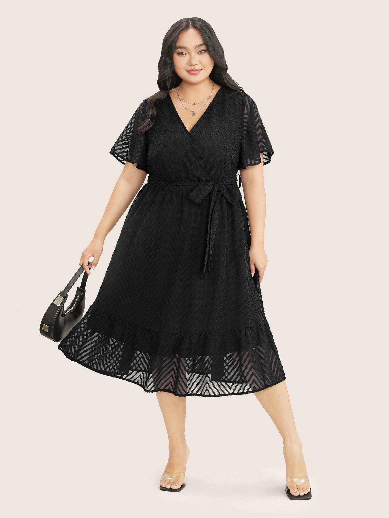 Plain Geometric Pocket Mesh Ruffle Sleeve Belted Wrap Dress