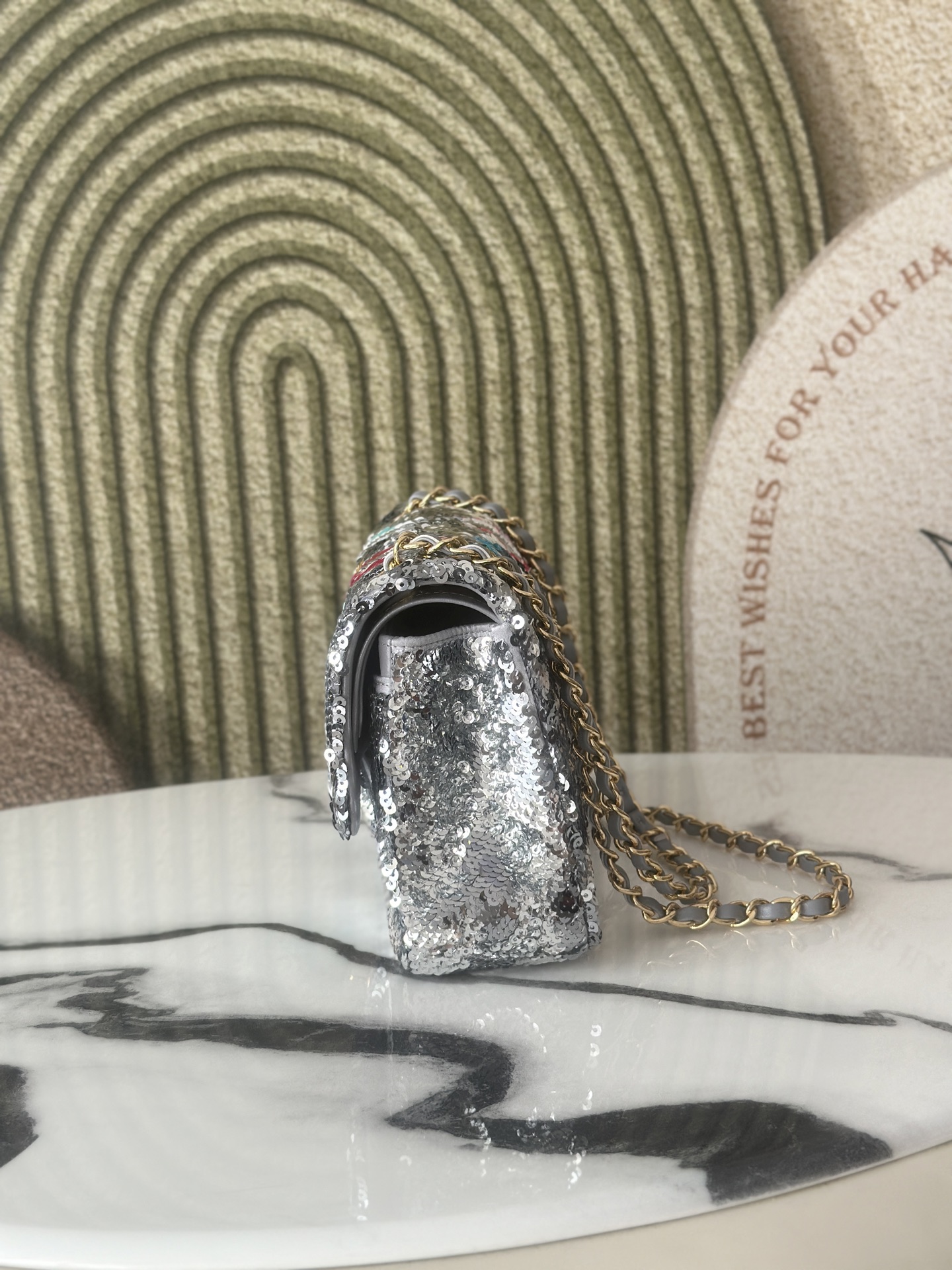 Limited Edition Silver Multicolor Sequin Floral Mini Classic Flap Bag with Gold-Tone Hardware - Mocuir