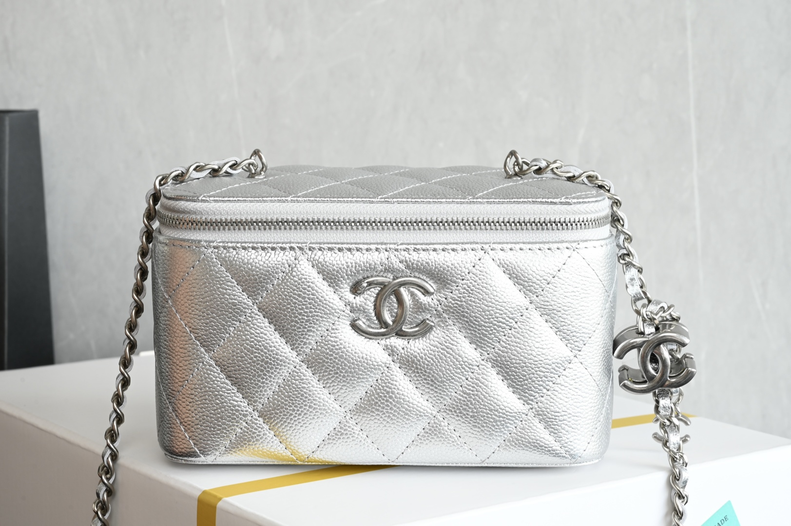 Small Vanity Case in Metallic Silver Grained Calfskin with Silver-Tone Hardware - Mocuir