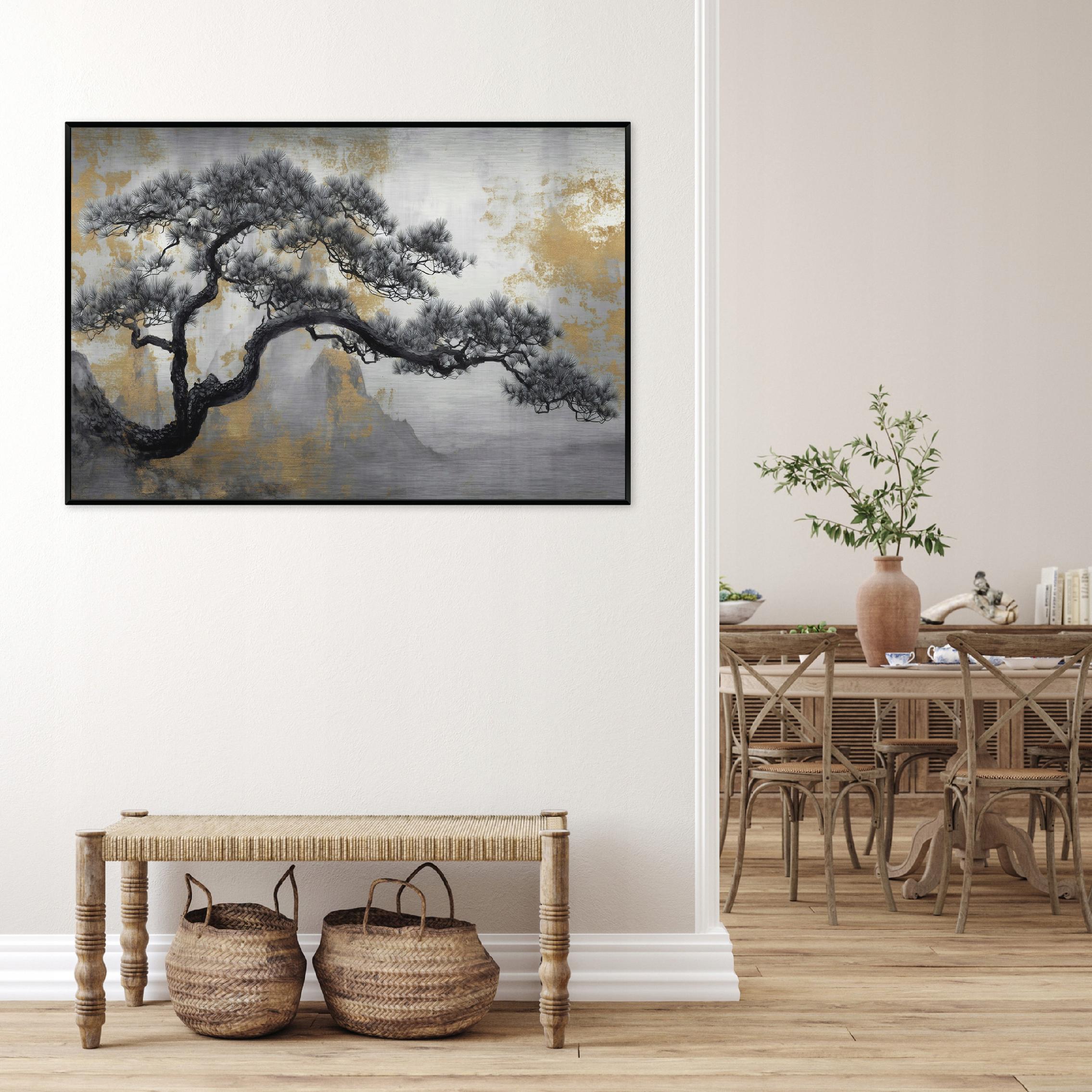Metal painting in a black frame, abstract tree, living room, bedroom, 120x80