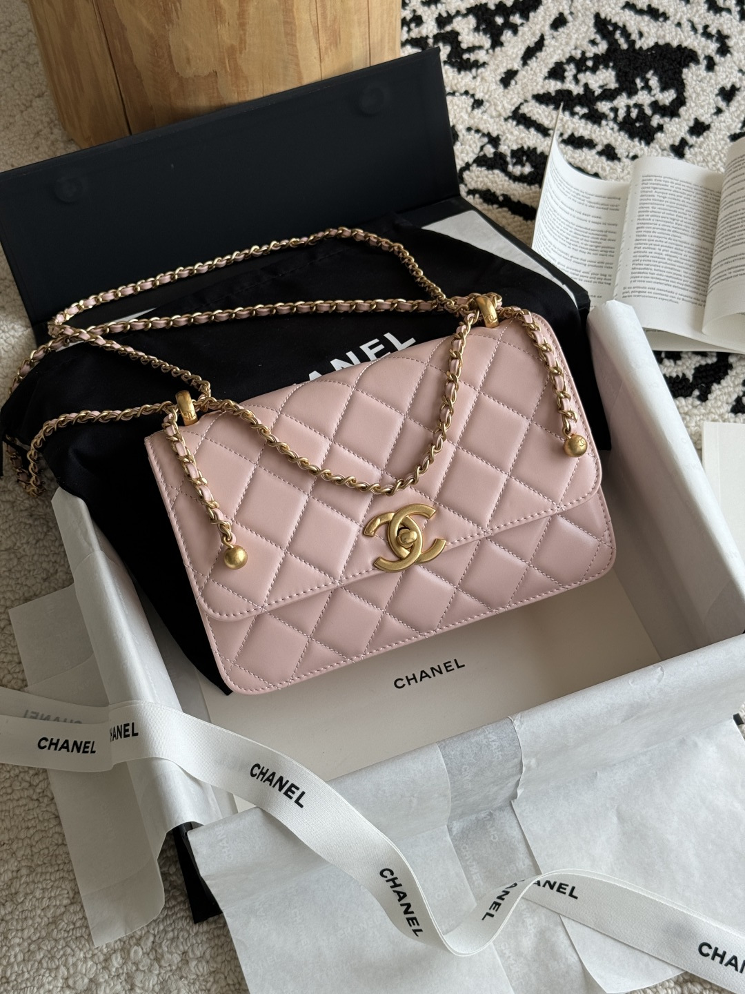 Wallet On Chain (WOC) with Double Gold Balls in Light Pink Quilted Shiny Caviar Leather with Antique Gold-Tone Hardware - Mocuir