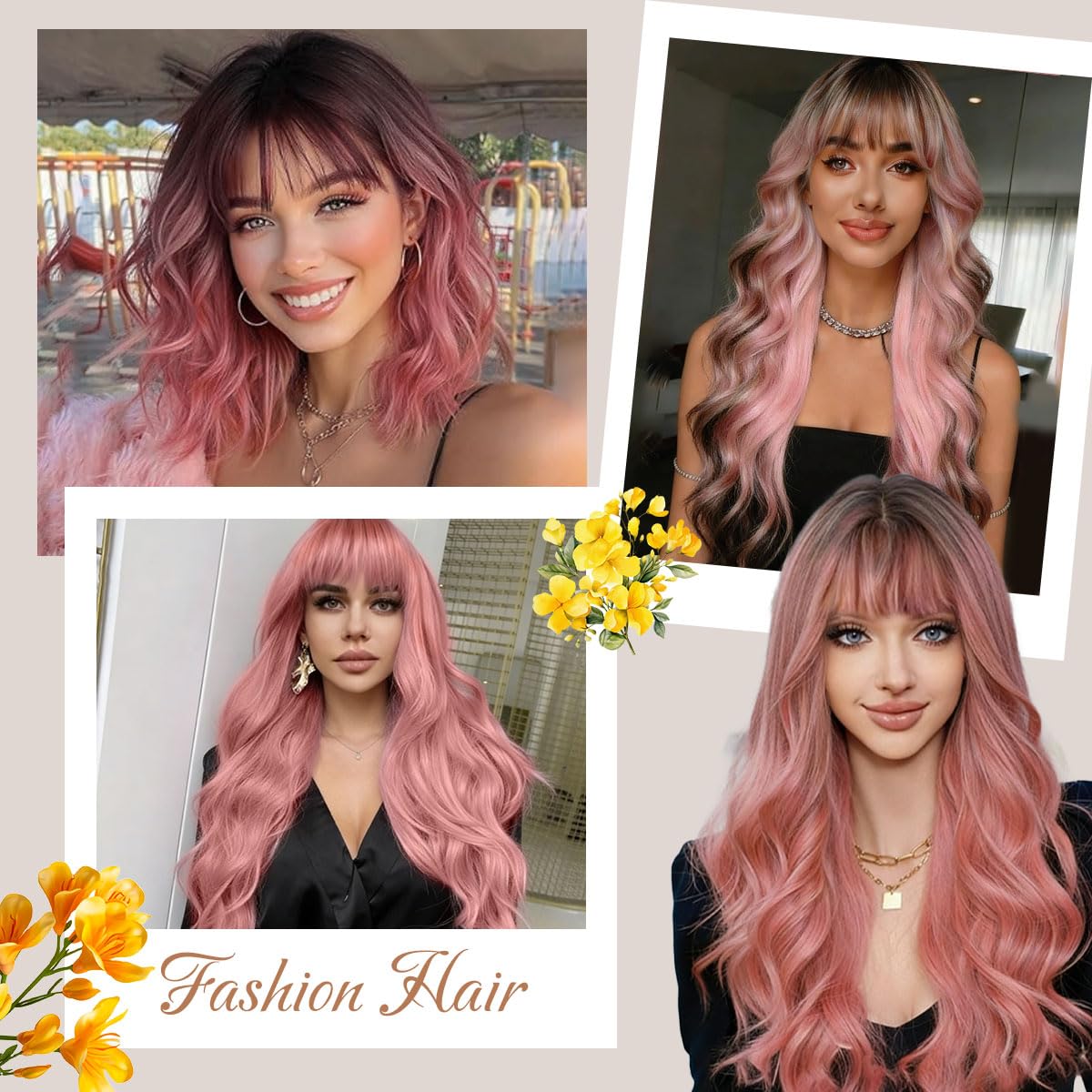 Ombre Pink Wig with Bangs 26 Inch Long Curly Wavy Wigs for Women Begineer-friendly Synthetic Wig for Daily Party Holiday Use