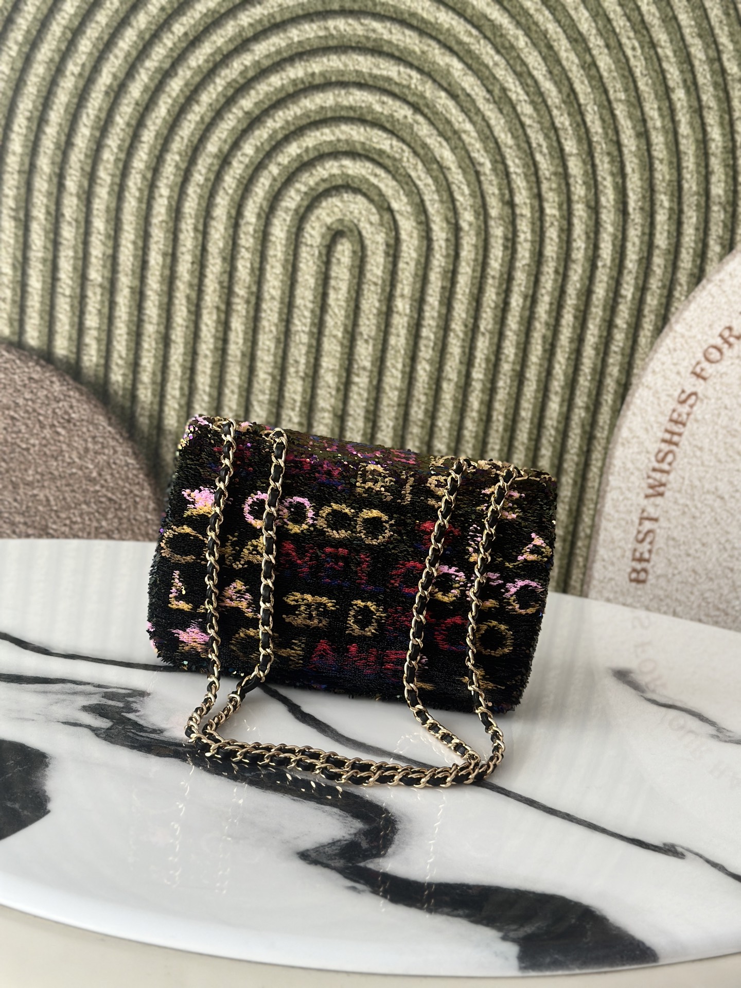 Cruise 2023 LA DISCO Multicolor Sequin Mini Classic Flap Bag with Gold-Tone Hardware - Mocuir