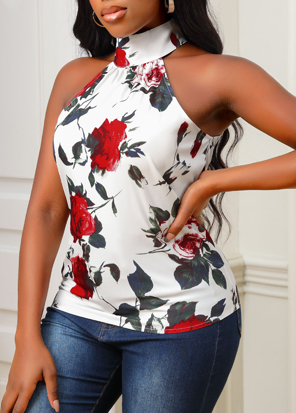 White Sleeveless Floral Print Bib Neck Tank Top