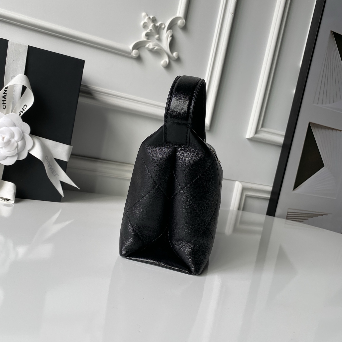 26P Hobo Bag in Black Shiny Lambskin with Light Gold-Tone Hardware - Mocuir