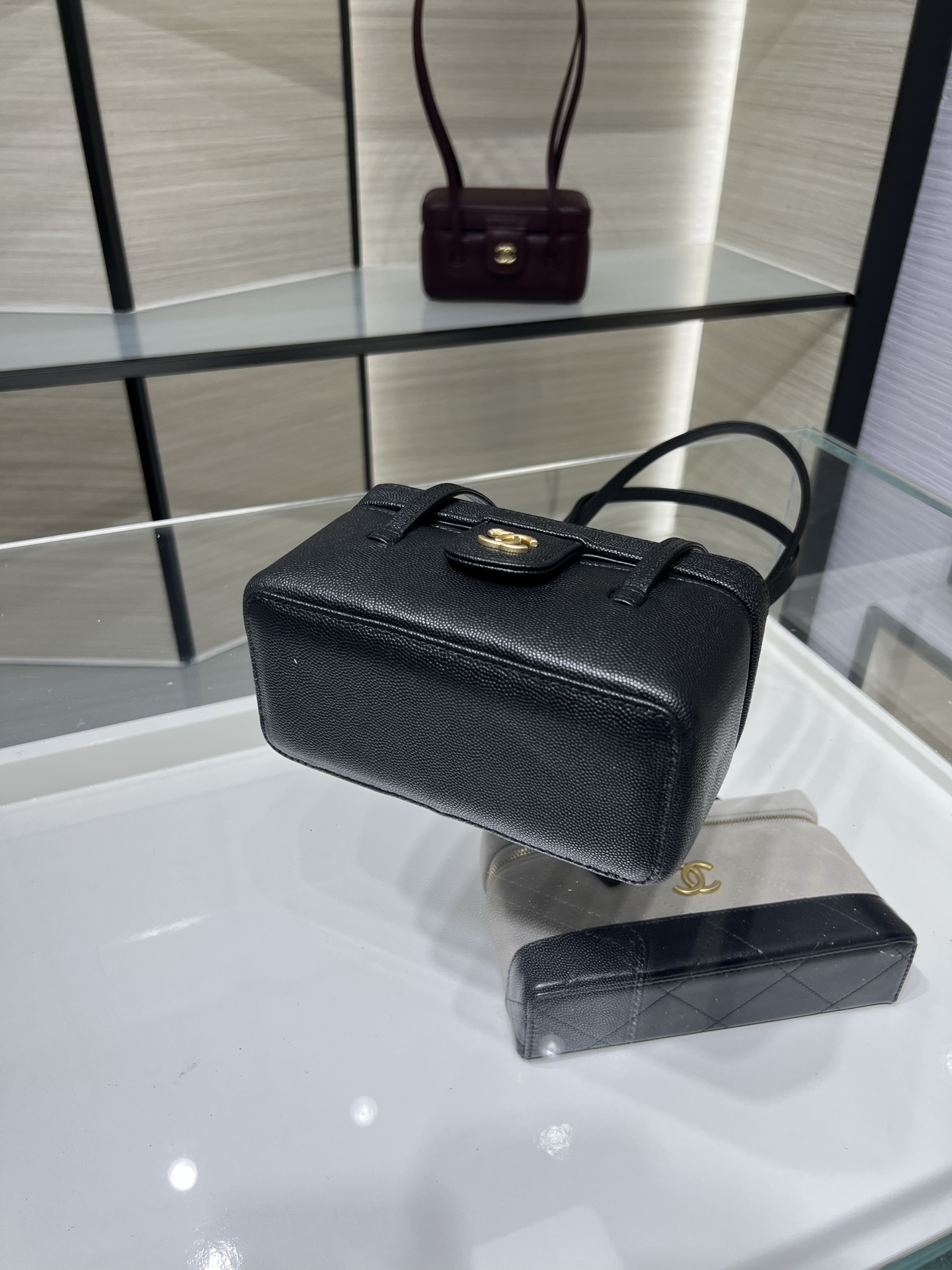 26P Preppy Coco Black Quilted Caviar Leather Long Vanity Handbag with Gold-Tone Hardware - Mocuir