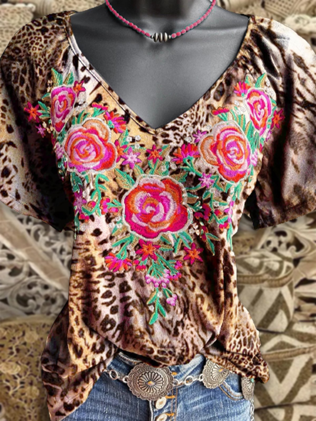 Women Short Sleeve Floral Shift Leopard Shirts & Tops