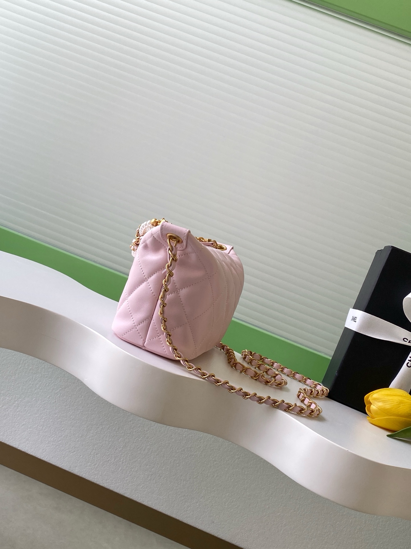 Quilted Lambskin Hobo Bag with Pearl Chain in Light Pink (Gold Hardware) - Mocuir