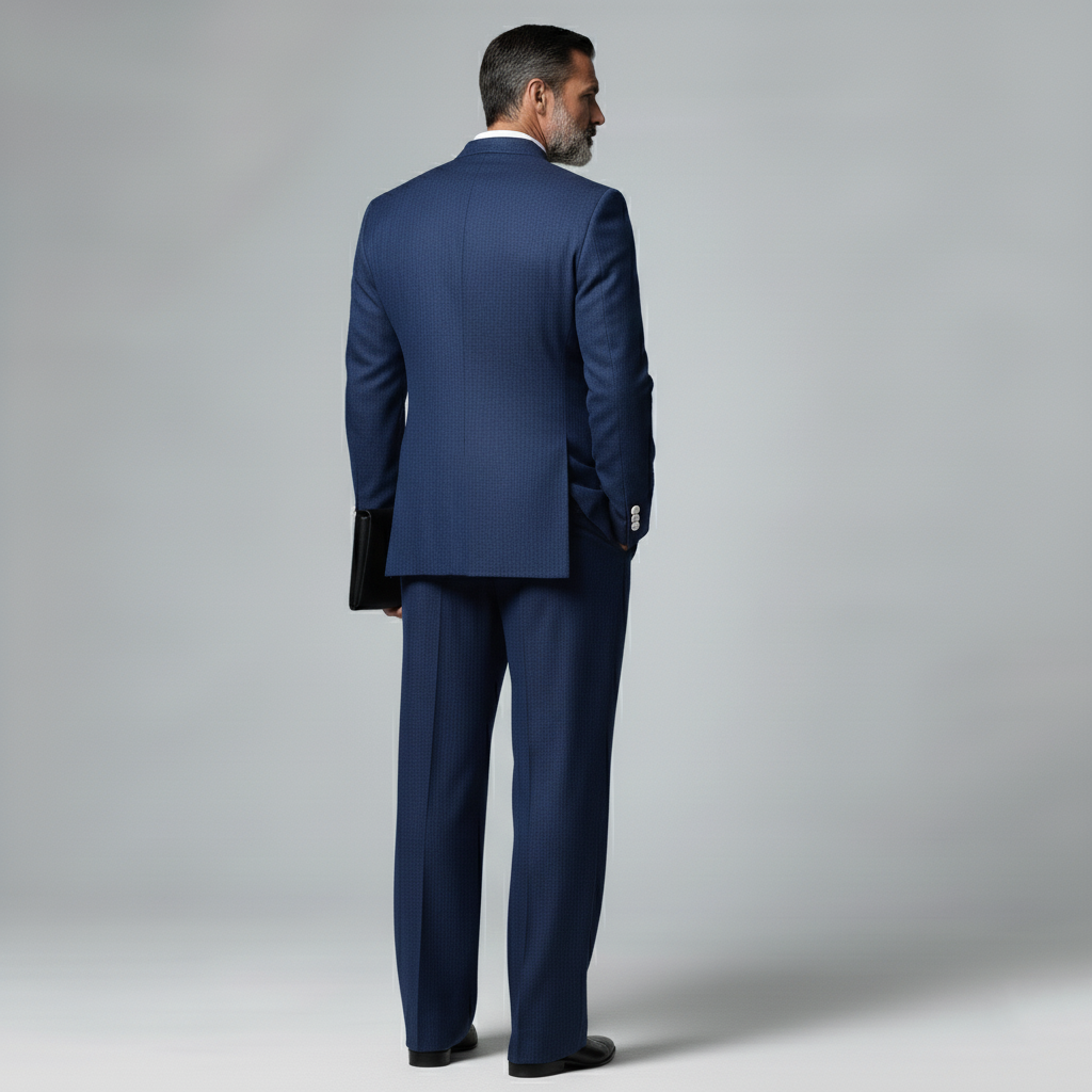 Men's Business Navy Blue Mandarin Collar Long Sleeve Double Breasted Blzer & Pocket Pants 2Pcs Set