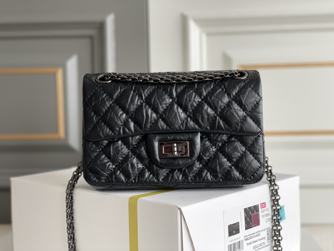 2.55 Reissue 225 Flap Bag in Black Aged Calfskin with Ruthenium Hardware (Model A01112) - Mocuir