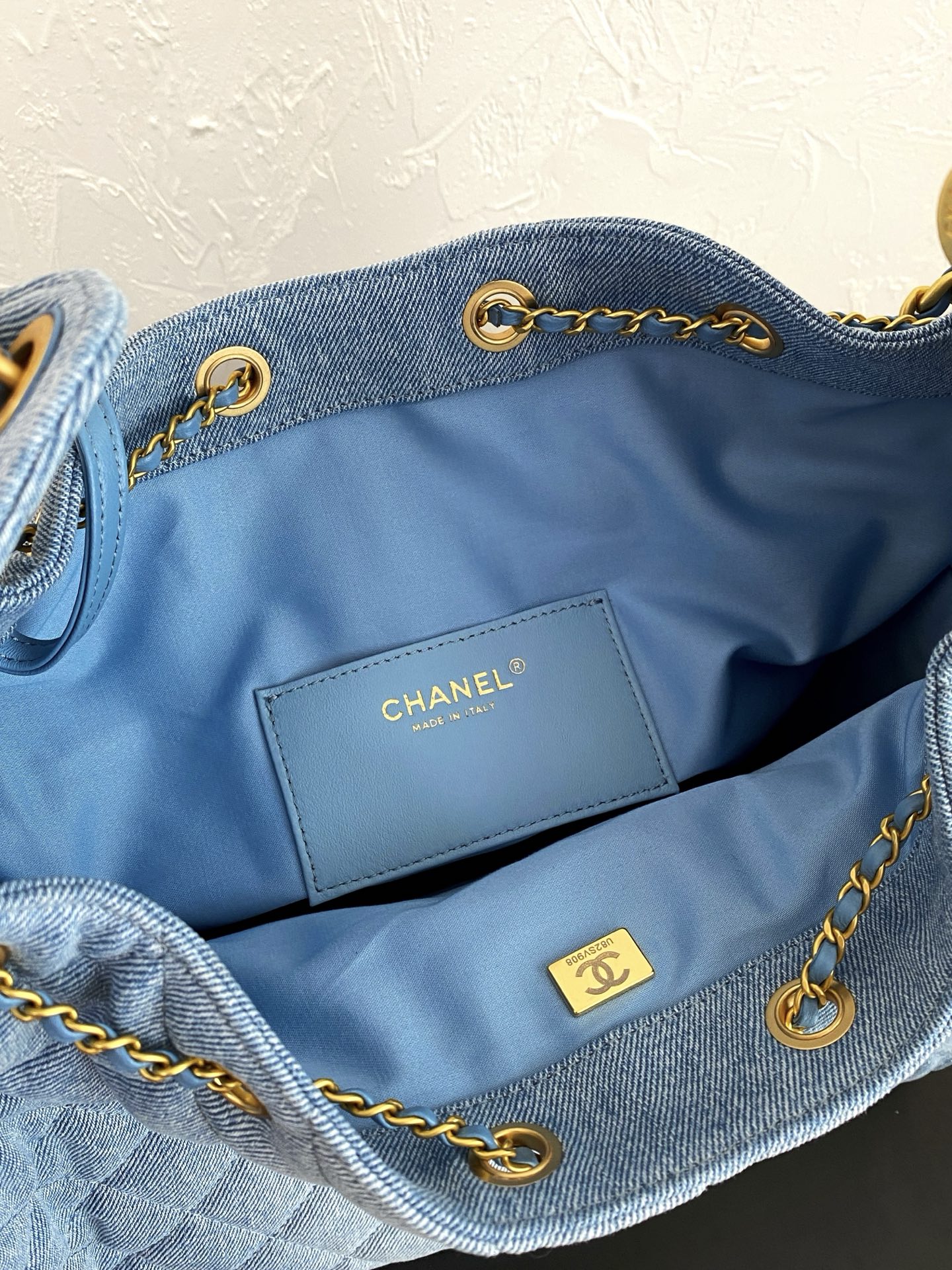 25C Small Hobo Bag in Light Blue Washed Denim with Antique Gold Hardware - Mocuir