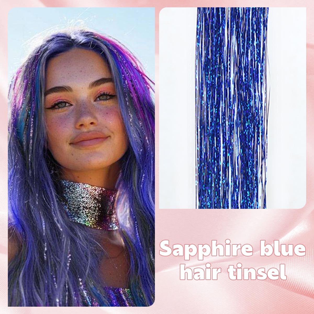 Blue Hair Tinsel Kit, 10 Packs Fairy Tinsel Hair Extensions for Teen Girls Heat Resistant Glitter Hair Accessories for Christmas New Year Halloween Cosplay Party(48 Inch)