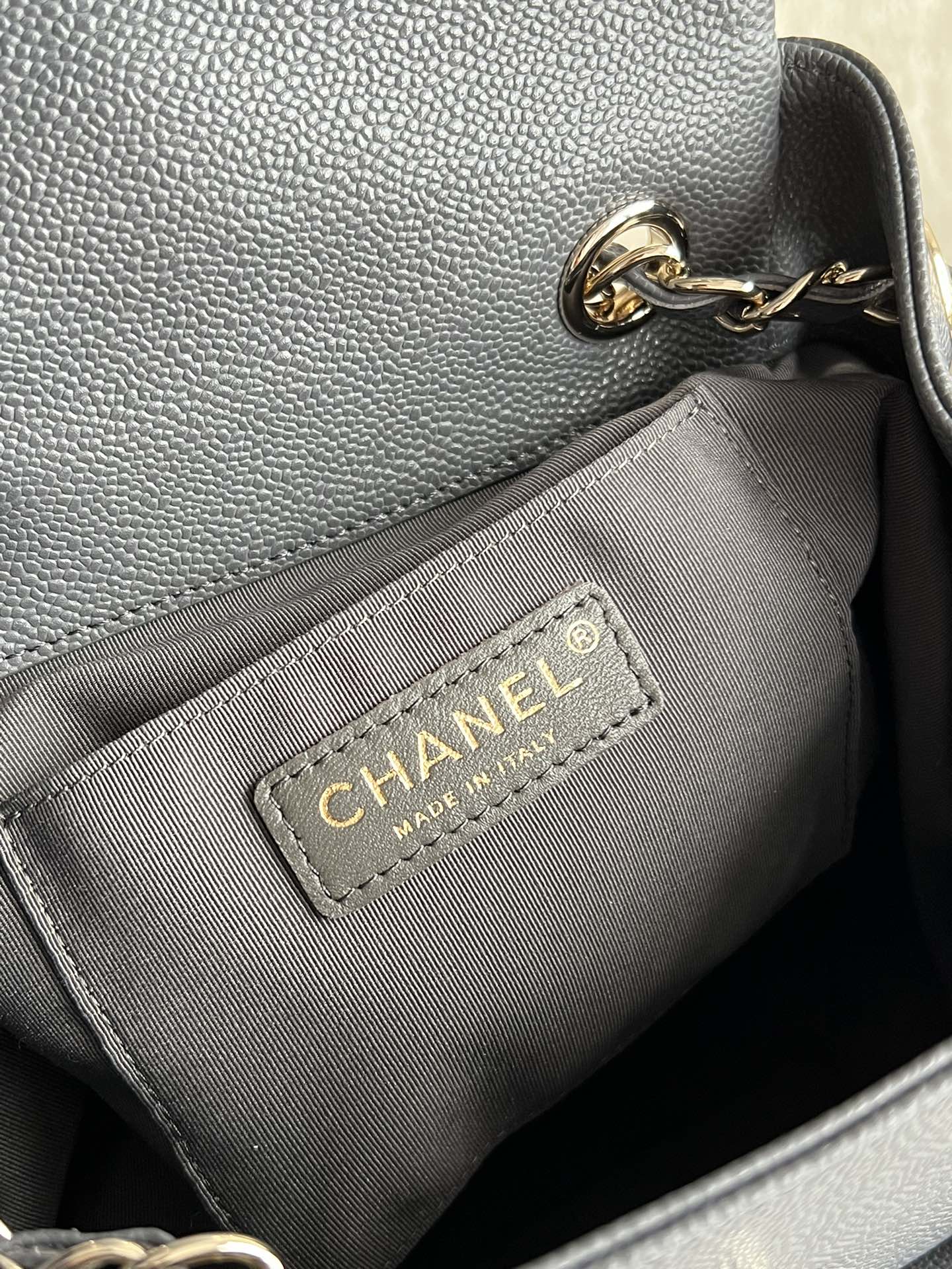 23K Duma Tank Backpack in Dark Grey Quilted Caviar Leather with Light Gold-Tone Hardware - Mocuir