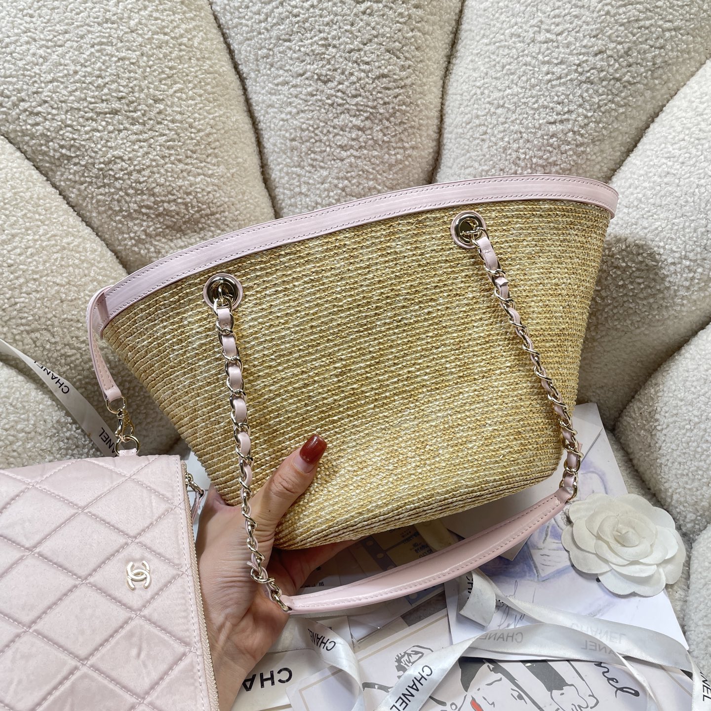 Straw & Lambskin Tote Bag with Pouch in Sakura Pink with Gold-Tone Hardware, 25C Cruise Collection - Mocuir