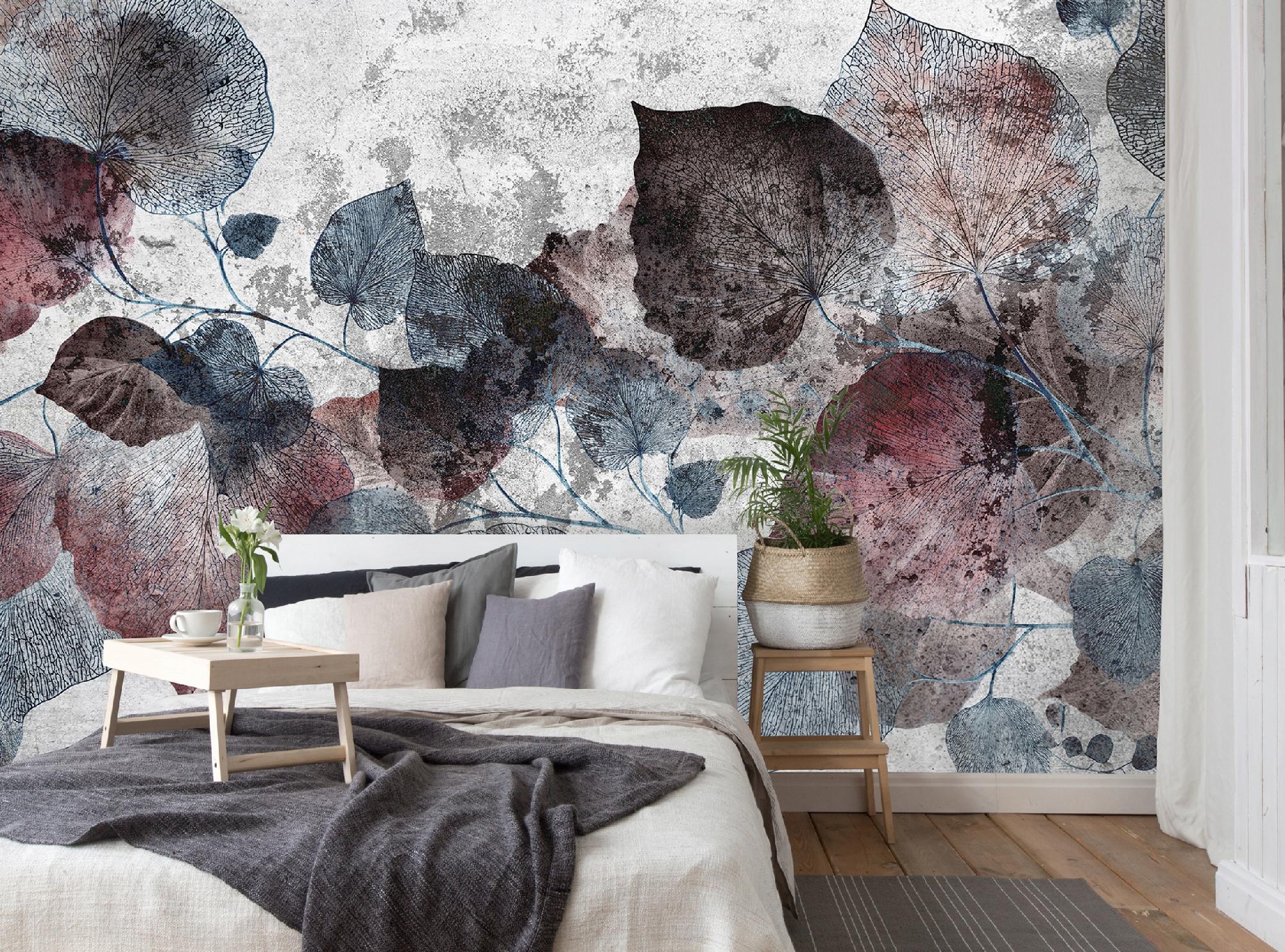Concrete leaves abstract wall mural for bedroom or living room, non-woven wallpaper,