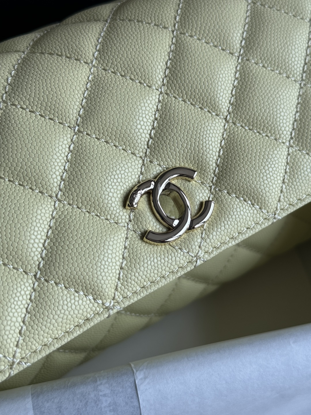 Small Coco Handle Flap Bag in Yellow Quilted Caviar Leather with Light Gold-Tone Hardware - Mocuir