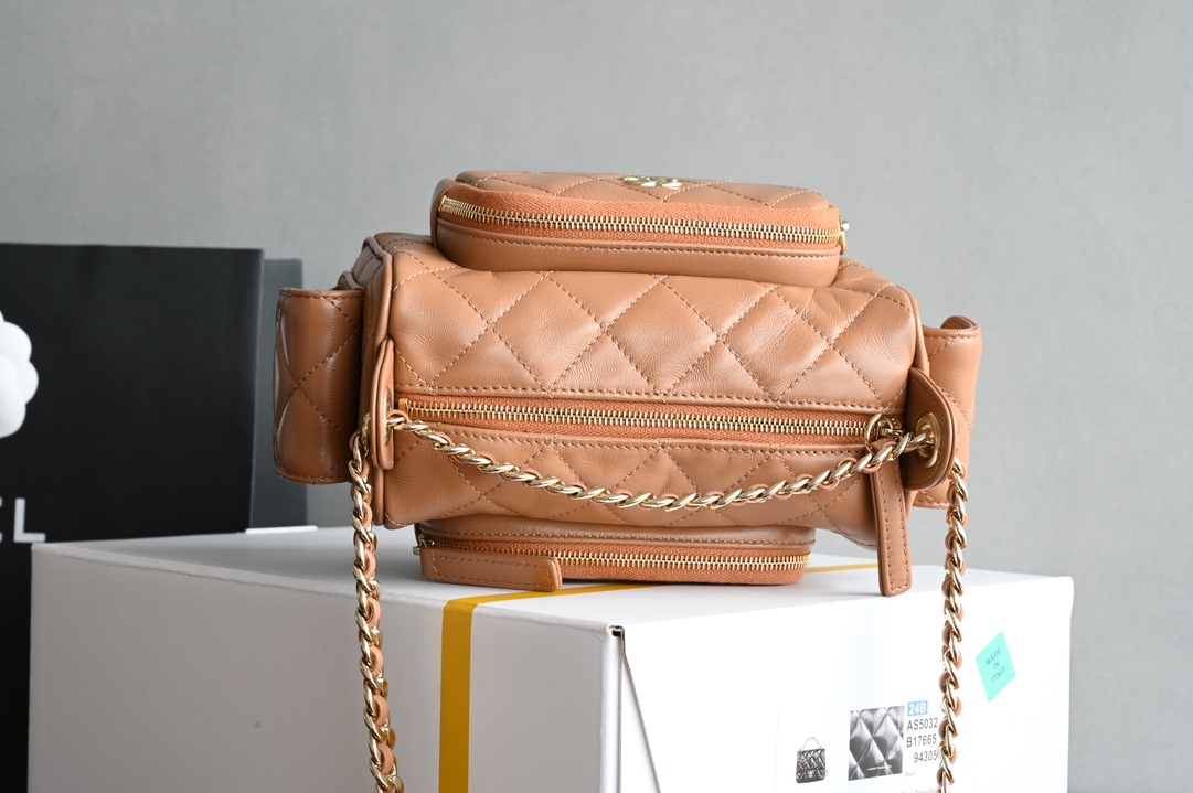 24K Camera Bag in Caramel Quilted Lambskin with Light Gold-Tone Hardware (Model AS5156) - Mocuir