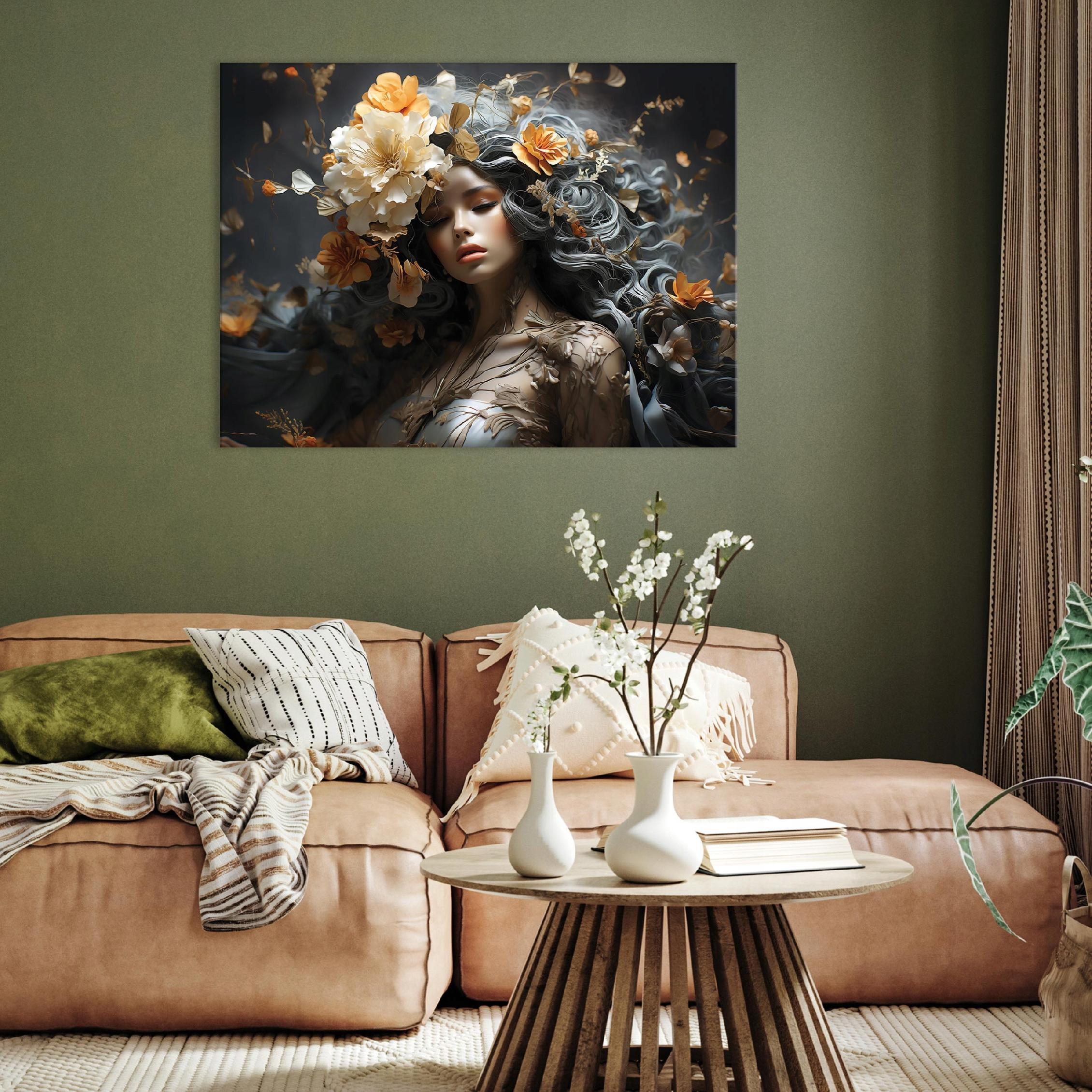 Abstract painting of a woman and flowers on canvas, wall art for the living room or bedroom, 60x40