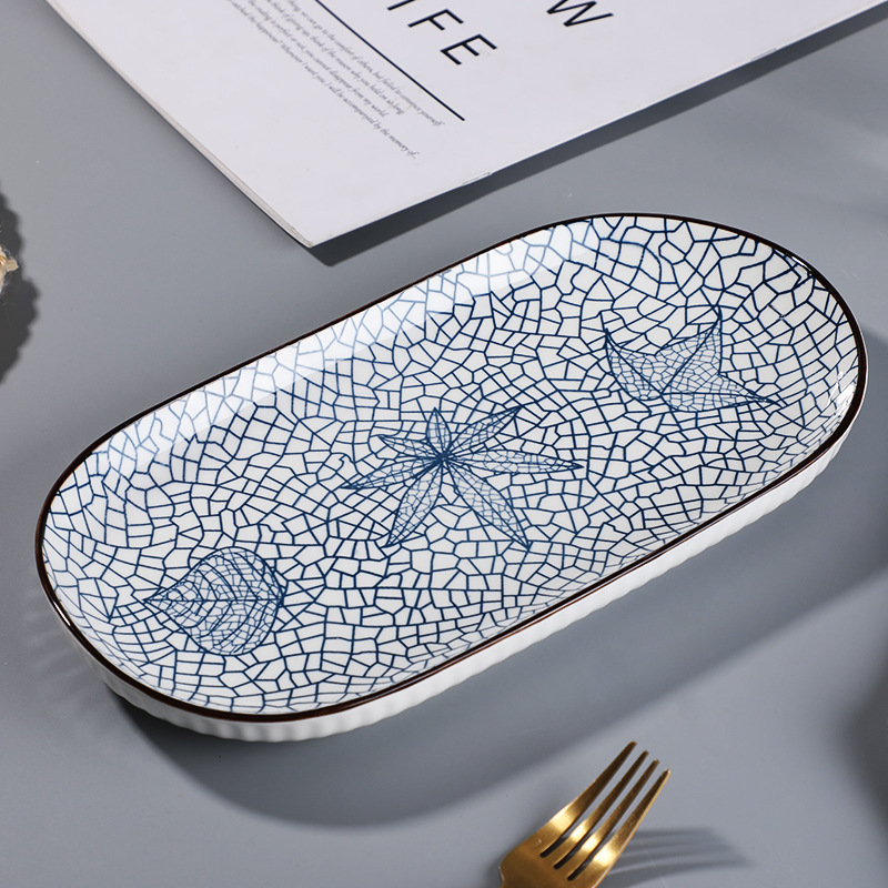 [Pack of 2] 12inch High-Quality Yamada Pattern Fish Plate Japanese Style Steamed Fish Plate Vertical Pattern Thickened Heat Resistant