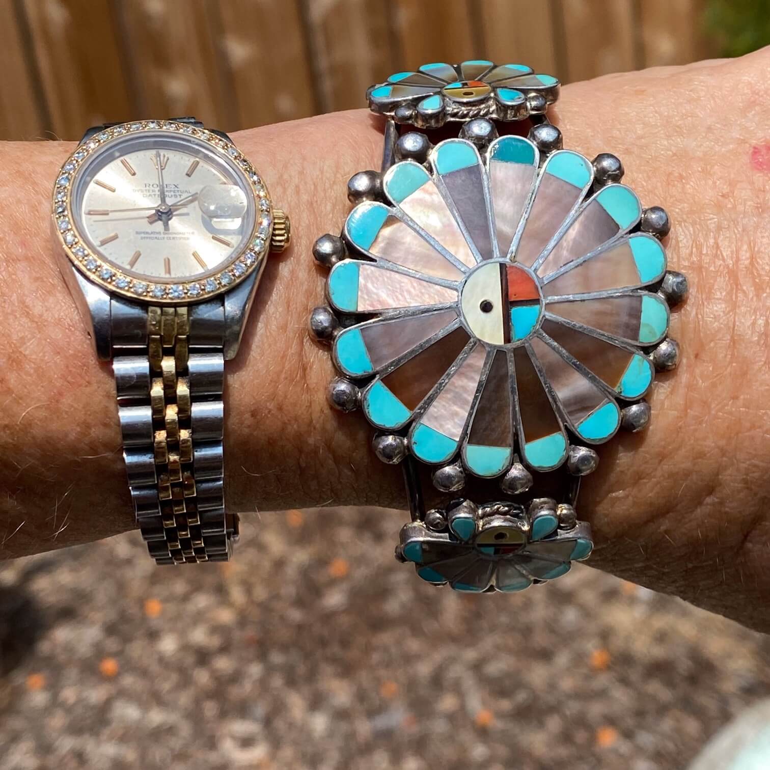 Zuni Sun God Bracelet Sterling Silver Mother Of Pearl Turquoise