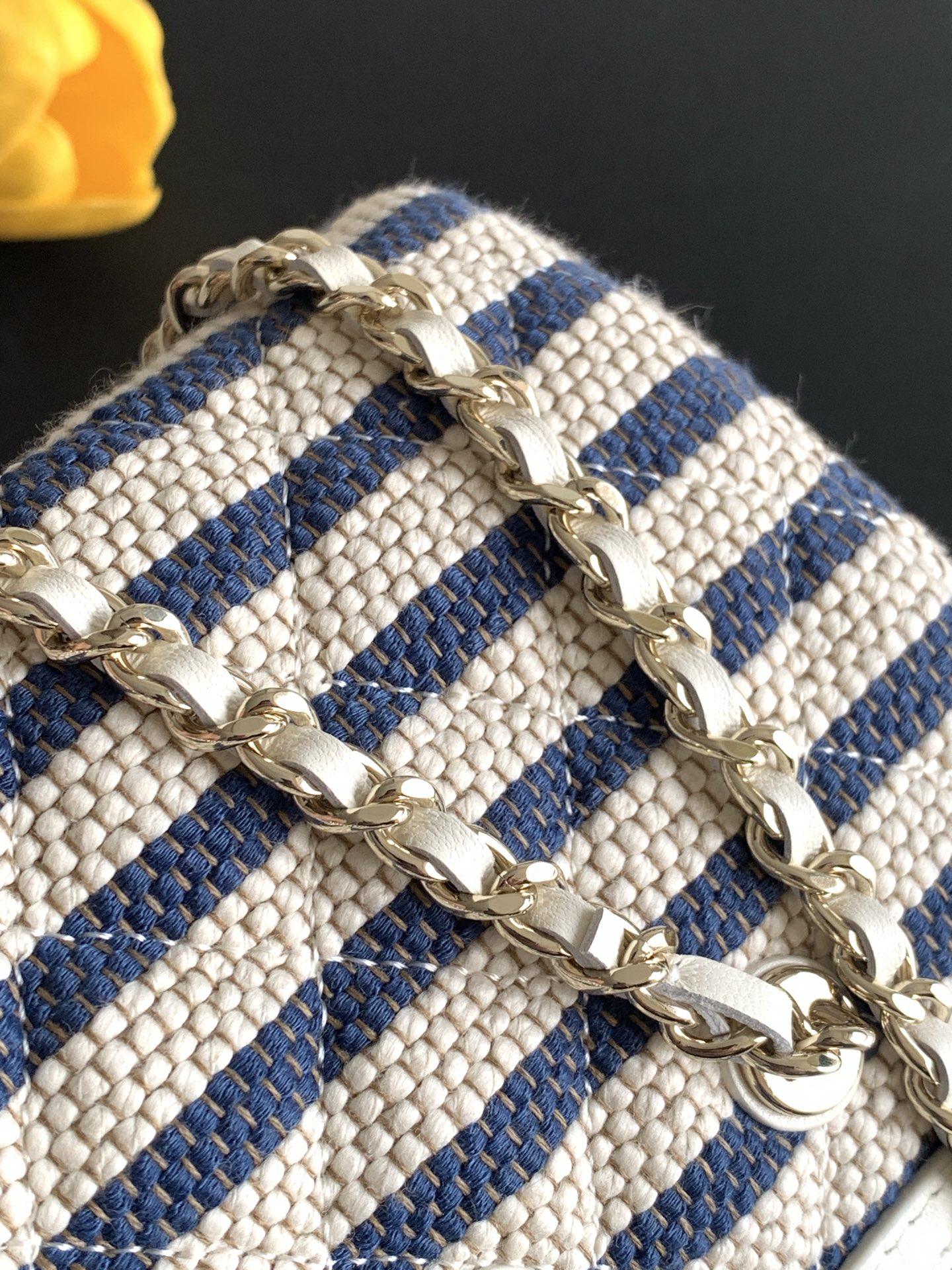 Deauville Striped Quilted Canvas Vanity Case / Box Bag in Navy Blue with Light Gold-Tone Hardware - Mocuir