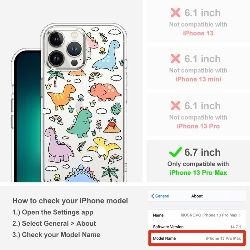 Case for iPhone 13 Pro Max, [Buffertech 6.6ft Military-Grade Drop Protection] [Anti Peel Off Tech] Clear TPU Bumper Phone Case Cover Design - Dinosaur Land