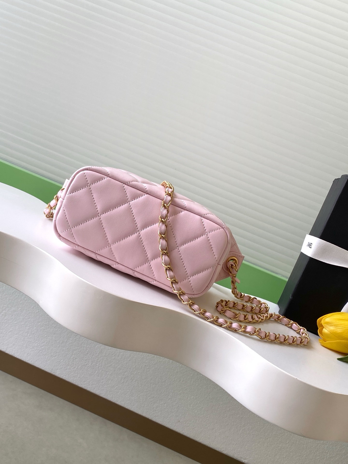 Quilted Lambskin Hobo Bag with Pearl Chain in Light Pink (Gold Hardware) - Mocuir